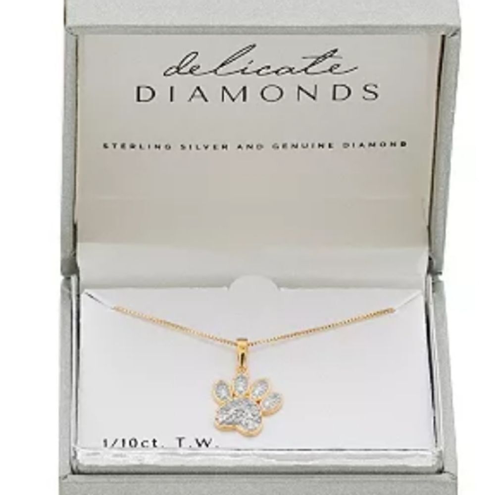 Diamond Pet Paw Gold plated Sterling Silver Necklace NWT - Picture 5 of 9